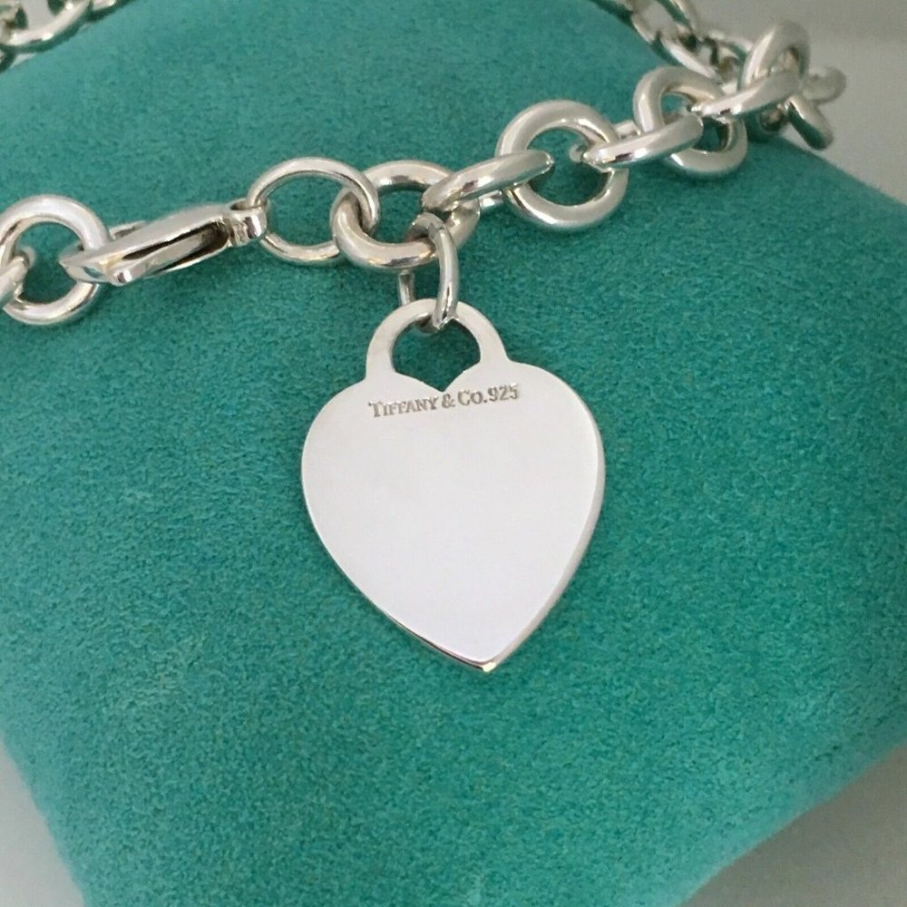 9" Large Tiffany & C Blank Heart Tag Charm Bracelet in Sterling Silver